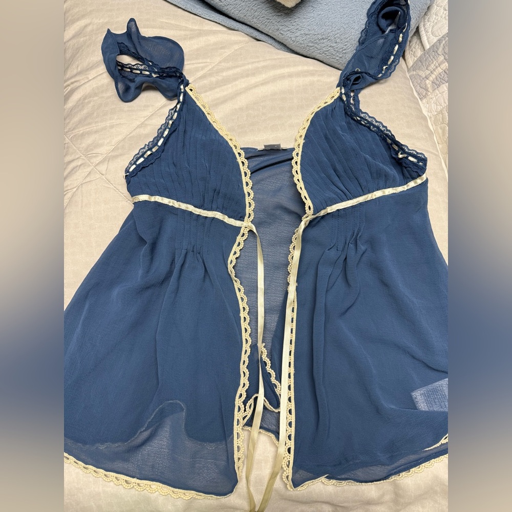 Blue Sheer Top with Cream Lace Trim
